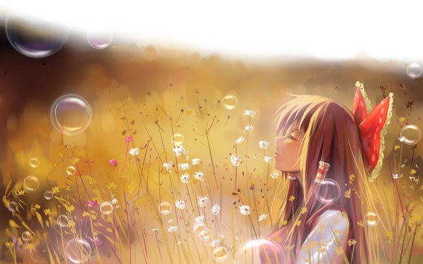 Anime picture 1600x1000 with touhou hakurei reimu a luo single long hair brown hair wide image eyes closed profile girl flower (flowers) bow hair bow bubble (bubbles)