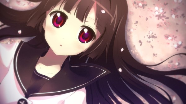 Anime picture 2560x1440 with yuuki tatsuya single long hair looking at viewer highres black hair red eyes wide image lying girl uniform school uniform petals