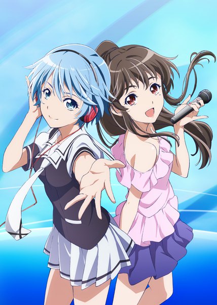 Anime picture 2922x4096 with fuuka (manga) fuuka akitsuki hinashi koyuki long hair tall image looking at viewer highres short hair open mouth blue eyes black hair red eyes standing multiple girls blue hair ponytail mole official art mole under eye outstretched arm