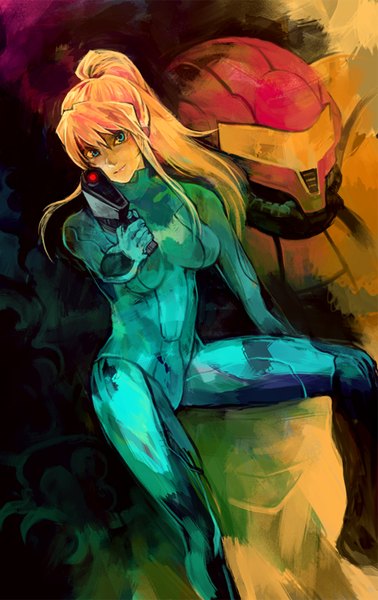 Anime picture 504x800 with metroid samus aran lack single long hair tall image looking at viewer blue eyes blonde hair hair between eyes payot bent knee (knees) ponytail outstretched arm girl weapon gun bodysuit zero suit