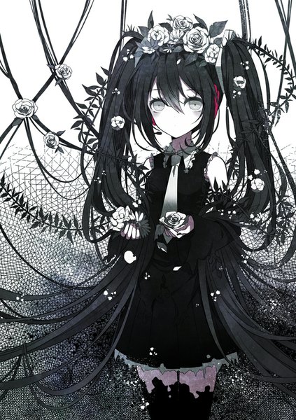 Anime picture 600x851 with vocaloid nisoku hokou (vocaloid) hatsune miku ling (sroin) single tall image looking at viewer blush fringe twintails bare shoulders very long hair hair flower monochrome partially colored girl thighhighs hair ornament flower (flowers) ribbon (ribbons)