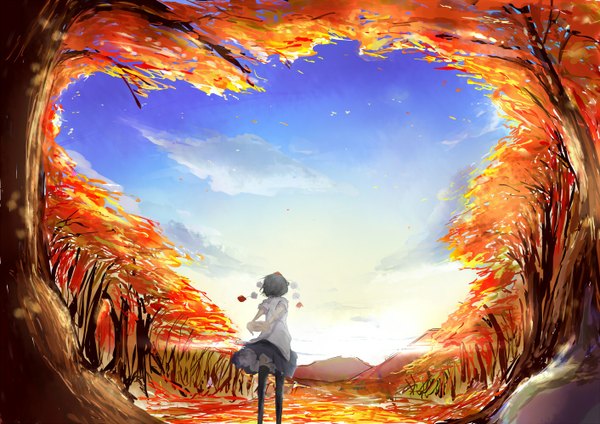 Anime picture 1412x1000 with touhou shameimaru aya yugeoryouki single short hair black hair standing sky cloud (clouds) traditional clothes japanese clothes evening sunset mountain sunbeam autumn nature morning sunrise girl