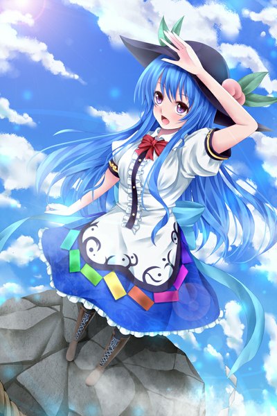 Anime picture 700x1050 with touhou hinanawi tenshi aru gunsou single long hair tall image blush open mouth red eyes blue hair sky cloud (clouds) girl dress hat boots