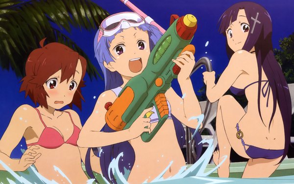 Anime picture 1920x1200 with kannagi nagi (kannagi) zange aoba tsugumi highres wide image multiple girls girl swimsuit bikini 3 girls