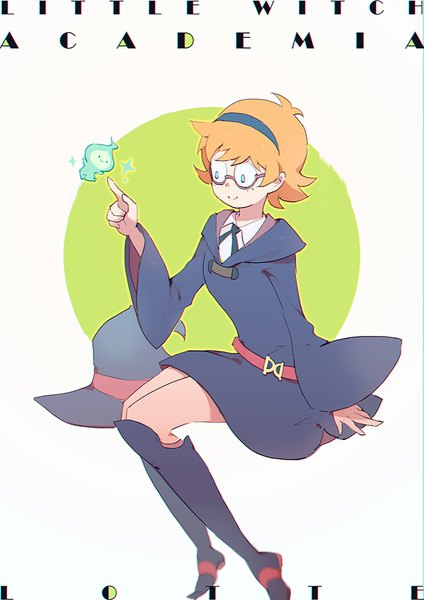 Anime picture 707x1000 with little witch academia studio trigger lotte jansson vienri single tall image short hair blue eyes smile white background sitting orange hair copyright name character names hat removed headwear removed freckles girl hat glasses