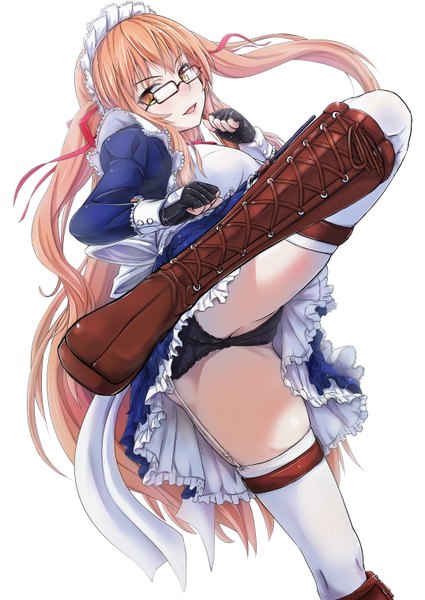 Anime picture 1075x1518 with original modern combat maid (tori@gununu) tori@gununu single long hair tall image looking at viewer blush fringe breasts open mouth light erotic simple background large breasts standing white background twintails ass wind orange hair