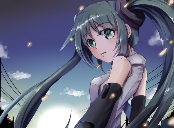 Anime picture 1200x887 with vocaloid hatsune miku imo bouya single long hair looking at viewer twintails aqua eyes aqua hair girl hair ornament detached sleeves