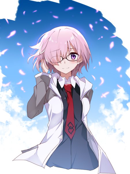 Anime picture 771x1025 with fate (series) fate/grand order mash kyrielight tsuedzu single tall image looking at viewer blush fringe short hair smile purple eyes sky purple hair cloud (clouds) blurry hair over one eye adjusting hair arm behind back girl