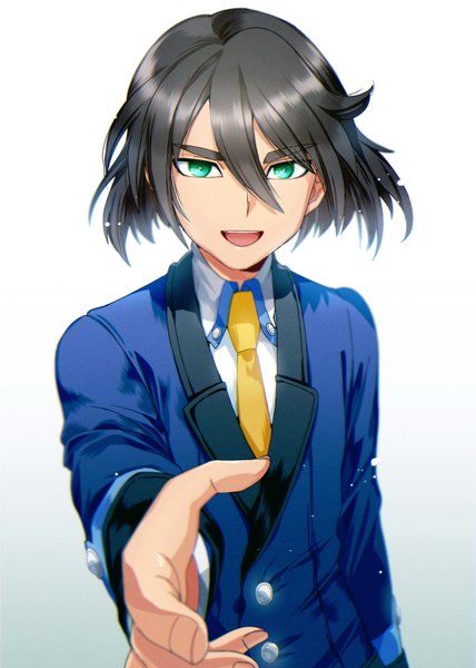 Anime picture 1200x1682 with danball senki danball senki wars haruki izumo yanyo (ogino atsuki) single tall image looking at viewer fringe short hair open mouth black hair simple background hair between eyes white background green eyes fingernails teeth happy eyebrows outstretched hand