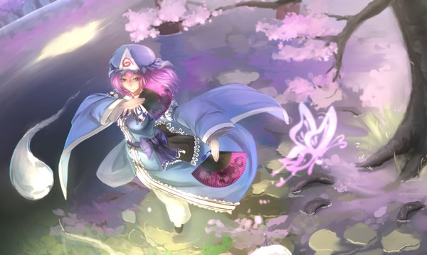 Anime picture 2111x1264 with touhou saigyouji yuyuko kikivi single highres short hair wide image pink hair pink eyes cherry blossoms girl dress plant (plants) petals tree (trees) insect butterfly bonnet fan triangular headpiece
