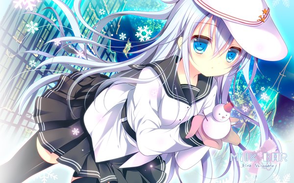 Anime picture 1920x1200 with kantai collection hibiki destroyer verniy destroyer shirogane hina single long hair highres blue eyes white hair hammer and sickle girl thighhighs skirt black thighhighs star (symbol) sailor suit snowflake (snowflakes) flat cap snowman garland