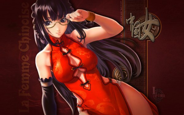 Anime picture 1680x1050 with long hair light erotic black hair wide image cleavage chinese clothes glasses chinese dress