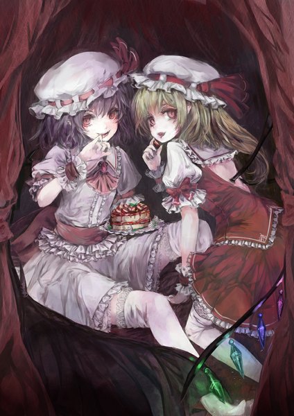 Anime picture 800x1132 with touhou flandre scarlet remilia scarlet childofa tall image looking at viewer short hair blonde hair red eyes sitting multiple girls purple hair pointy ears one side up finger to mouth siblings sisters girl thighhighs dress