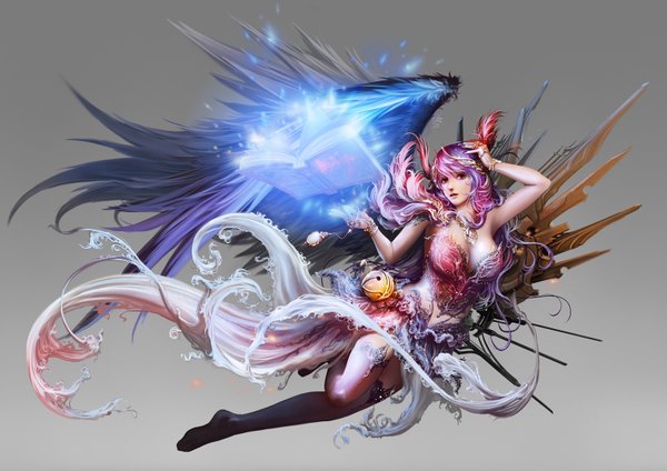 Anime picture 1556x1100 with original antilous (anti) single long hair simple background purple hair nail polish pink eyes magic glowing girl thighhighs hair ornament wings choker bracelet book (books) bell jewelry jingle bell