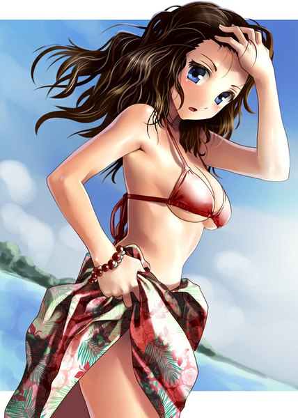 Anime picture 571x800 with original katahira masashi single long hair tall image looking at viewer blush breasts blue eyes light erotic brown hair bare shoulders wind letterboxed hand on head girl swimsuit bikini bracelet red bikini