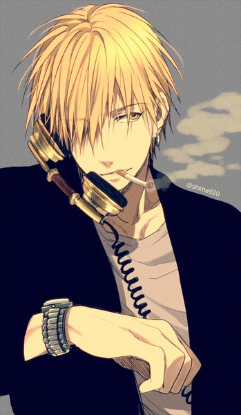 Anime picture 500x858 with kuroko no basket production i.g kise ryouta mashima shima single tall image fringe short hair simple background blonde hair smile signed yellow eyes looking away hair over one eye grey background piercing ear piercing smoke smoking