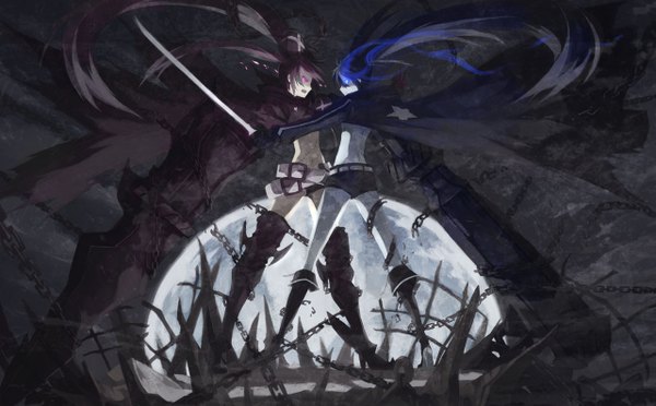 Anime picture 1280x794 with black rock shooter black rock shooter (character) insane black rock shooter 9ji long hair open mouth blue eyes wide image purple eyes twintails multiple girls blue hair purple hair back glowing scar glowing eye (eyes) pale skin face to face battle
