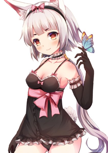 Anime picture 1000x1418 with dragon nest machina (dragon nest) qunqing single long hair tall image looking at viewer blush breasts light erotic simple background smile red eyes standing white background animal ears payot silver hair tail animal tail