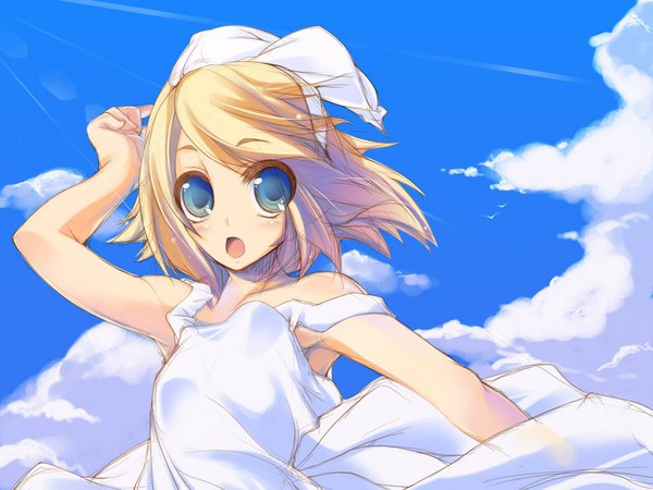 Anime picture 1024x768 with vocaloid kagamine rin amanooni touri single short hair open mouth blue eyes blonde hair looking away sky cloud (clouds) arm up wind girl dress bow hair bow white dress