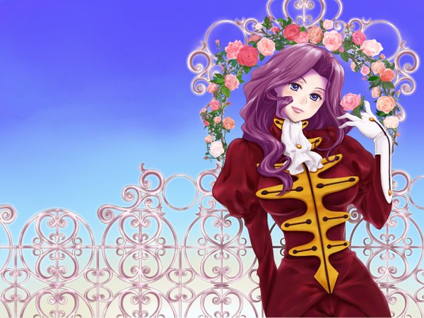 Anime picture 1280x960 with code geass sunrise (studio) cornelia li britannia higi (pixiv) blush smile purple eyes purple hair wallpaper lipstick wavy hair gate gloves flower (flowers) rose (roses)