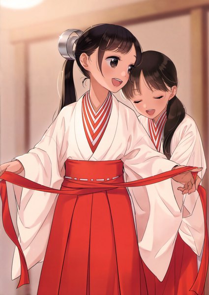 Anime picture 2337x3300 with original morikura en long hair tall image blush highres open mouth black hair smile multiple girls brown eyes looking away ponytail eyes closed traditional clothes japanese clothes scan miko girl hair ornament