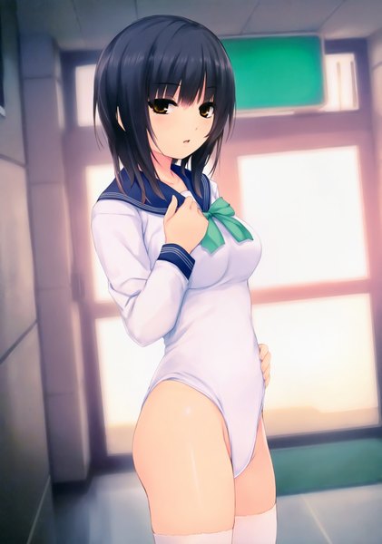 Anime picture 4915x6997 with original aoyama sumika coffee-kizoku single tall image looking at viewer blush fringe highres short hair breasts light erotic black hair standing brown eyes absurdres parted lips hand on hip thighs shiny skin