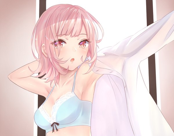 Anime picture 1300x1018 with dangan ronpa super dangan ronpa 2 nanami chiaki aimee (origin) single looking at viewer blush fringe short hair open mouth light erotic payot pink hair upper body indoors pink eyes :o armpit (armpits) outstretched arm dressing