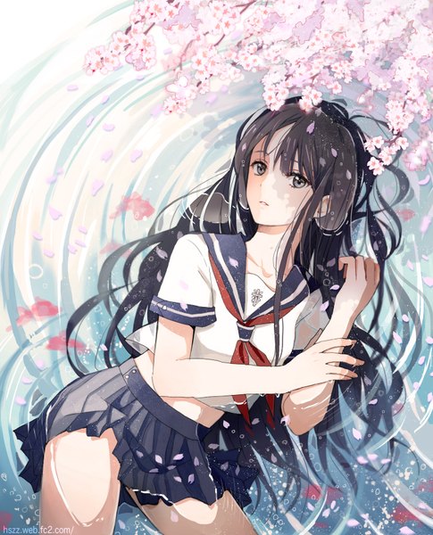 Anime picture 708x875 with original hishi single long hair tall image looking at viewer fringe black hair hair between eyes black eyes cherry blossoms shaded face spring girl skirt uniform plant (plants) miniskirt animal petals