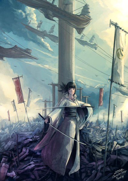 Anime picture 2480x3508 with original zen (jirakun) tall image highres blue eyes black hair looking away traditional clothes battle girl weapon sword flag watercraft ship