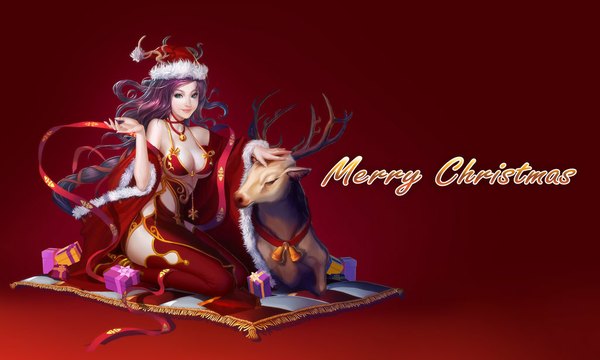 Anime picture 1024x616 with joinjump long hair breasts blue eyes simple background wide image sitting bare shoulders purple hair horn (horns) realistic inscription fur trim christmas red background merry christmas girl ribbon (ribbons) animal fur