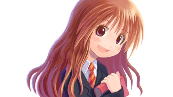 Anime picture 1280x720 with harry potter hermione granger long hair blush open mouth simple background brown hair wide image white background purple eyes girl necktie book (books)