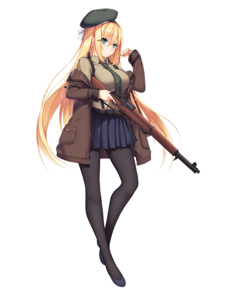 Anime picture 1191x1536 with girls frontline m1 garand (girls frontline) aixioo single long hair tall image fringe blue eyes blonde hair hair between eyes holding green eyes looking away full body pleated skirt arm up off shoulder open jacket official art transparent background