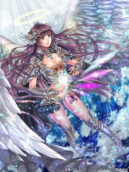 Anime picture 900x1200 with original unohanatei single long hair tall image blue eyes light erotic looking away purple hair cloud (clouds) inscription magic hieroglyph angel wings girl gloves hair ornament wings boots armor