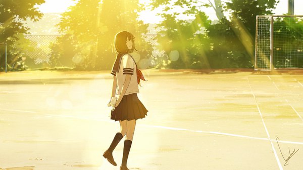 Anime picture 1500x844 with original loundraw single looking at viewer short hair black hair smile wide image signed outdoors pleated skirt looking back sunlight lens flare hands behind back walking girl skirt uniform plant (plants)