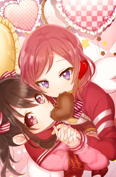 Anime picture 1024x1550 with love live! school idol project sunrise (studio) love live! nishikino maki yazawa nico yu-gu (artist) long hair tall image looking at viewer short hair open mouth red eyes brown hair purple eyes twintails multiple girls nail polish holding hands polka dot checkered floor