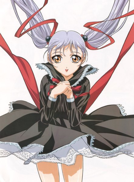 Anime picture 3468x4712 with martian successor nadesico xebec hoshino ruri gotoh keiji single long hair tall image highres simple background white background twintails yellow eyes absurdres grey hair girl dress ribbon (ribbons) hair ribbon tongue black dress
