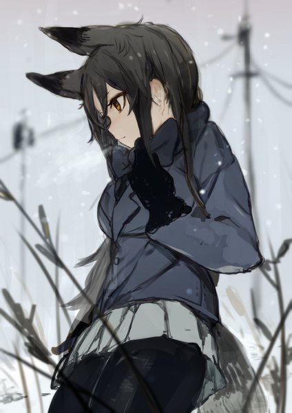 Anime picture 1765x2497 with kemono friends silver fox (kemono friends) hiranko single long hair tall image fringe highres black hair simple background hair between eyes red eyes animal ears looking away profile pleated skirt fox ears snowing snow extra ears