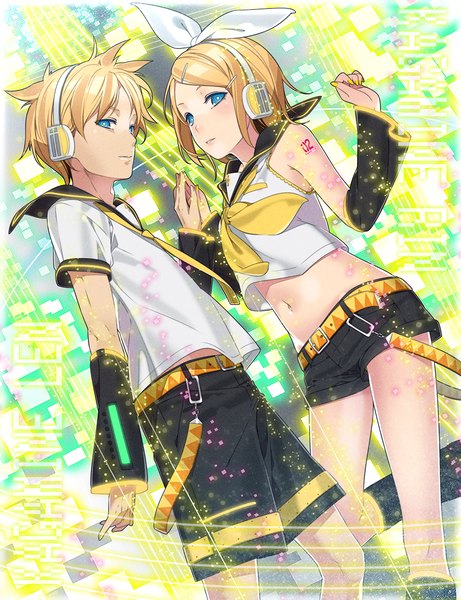 Anime picture 923x1200 with vocaloid kagamine rin kagamine len ama mitsuki tall image short hair blue eyes blonde hair holding hands girl boy navel bow hair bow detached sleeves shorts headphones sailor suit musical note