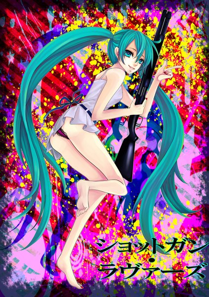 Anime picture 1522x2158 with vocaloid hatsune miku tyasaji (artist) single tall image light erotic twintails green eyes very long hair barefoot green hair girl underwear panties weapon