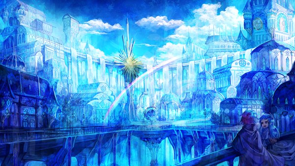 Anime picture 1800x1013 with original mura karuki long hair highres short hair open mouth blue eyes blonde hair smile wide image sky cloud (clouds) red hair city cityscape scenic girl boy cloak rainbow