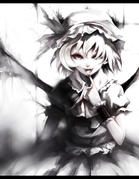 Anime picture 800x1028 with touhou remilia scarlet kyokucho single tall image looking at viewer fringe short hair open mouth red eyes white hair fingernails light smile girl dress wings tongue bonnet wristlet