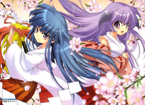 Anime picture 1500x1088 with higurashi no naku koro ni studio deen furude rika hanyuu suzuragi karin long hair purple eyes multiple girls blue hair purple hair traditional clothes japanese clothes horn (horns) black eyes cherry blossoms miko girl flower (flowers) 2 girls gohei