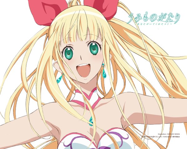 Anime picture 1280x1024 with umi monogatari zexcs marin single long hair looking at viewer blush fringe open mouth simple background blonde hair white background bare shoulders green eyes ponytail spread arms girl bow hair bow earrings