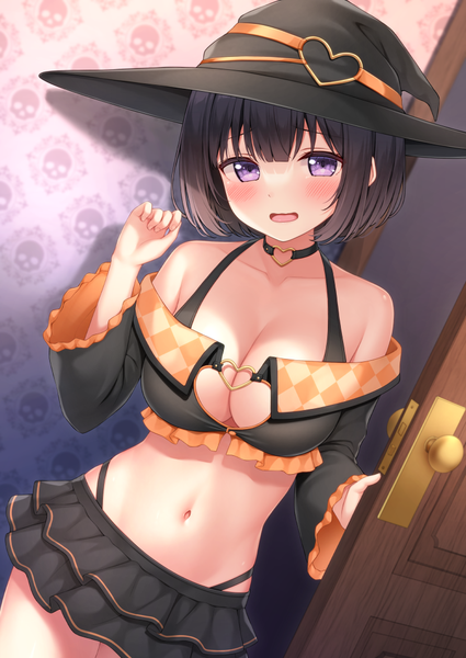 Anime picture 752x1062 with original inoue yurina karutamo single tall image looking at viewer blush short hair breasts open mouth light erotic black hair large breasts purple eyes indoors head tilt :d midriff halloween skull print