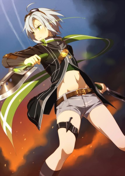 Anime picture 1000x1399 with eiyuu densetsu falcom (studio) fie claussell kinta (distortion) single tall image blush fringe short hair standing holding yellow eyes sky grey hair bare belly from below glowing smoke glowing eye (eyes) fighting stance