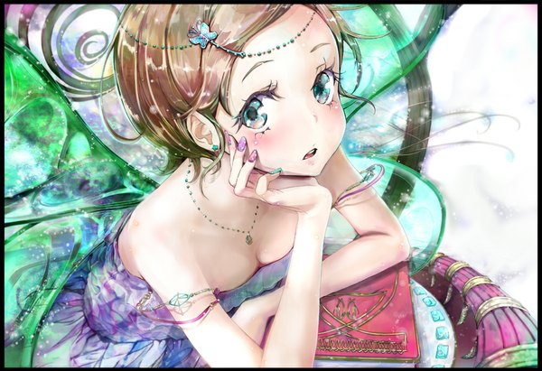 Anime picture 1000x685 with original keepout single blush short hair open mouth brown hair aqua eyes insect wings butterfly wings girl dress hair ornament earrings pendant book (books) butterfly hair ornament