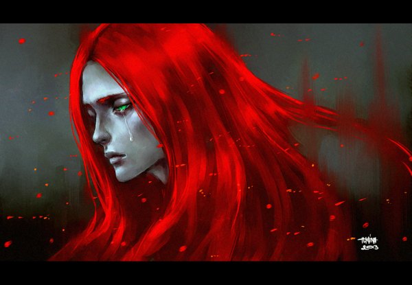 Anime picture 1300x900 with original nanfe single long hair green eyes signed red hair profile wind lips realistic tears letterboxed sad girl