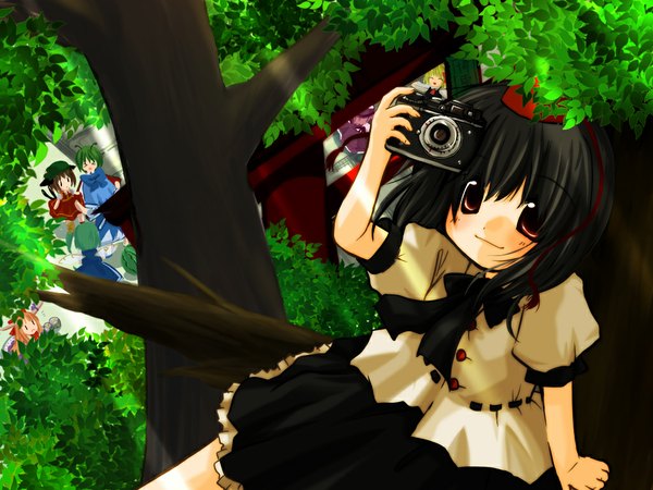 Anime picture 1024x768 with touhou shameimaru aya l l girl plant (plants) tree (trees) camera futami yayoi