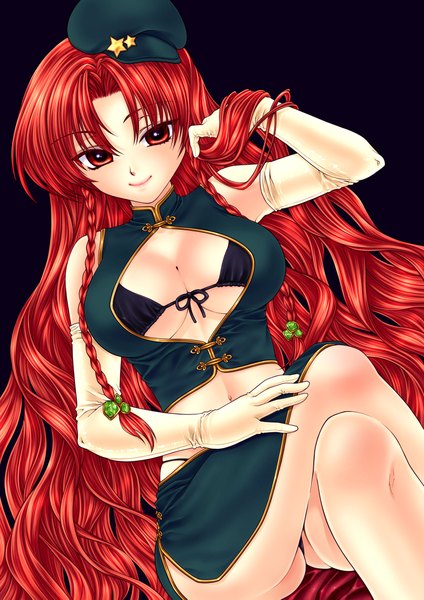 Anime picture 1654x2339 with touhou hong meiling yukarigawa yumiya (artist) single long hair tall image looking at viewer breasts light erotic simple background red eyes bare shoulders red hair braid (braids) twin braids chinese clothes dark background girl skirt gloves