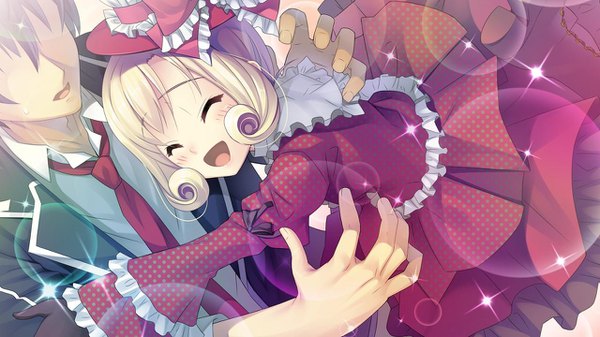 Anime picture 1280x720 with tokeijikake no ley line koga mitsuyoshi tsuzuraorizaka fuhito urabi (tomatohouse) blush fringe short hair open mouth blonde hair smile wide image game cg eyes closed :d sparkle hug outstretched arm drill hair ^ ^ lolita fashion